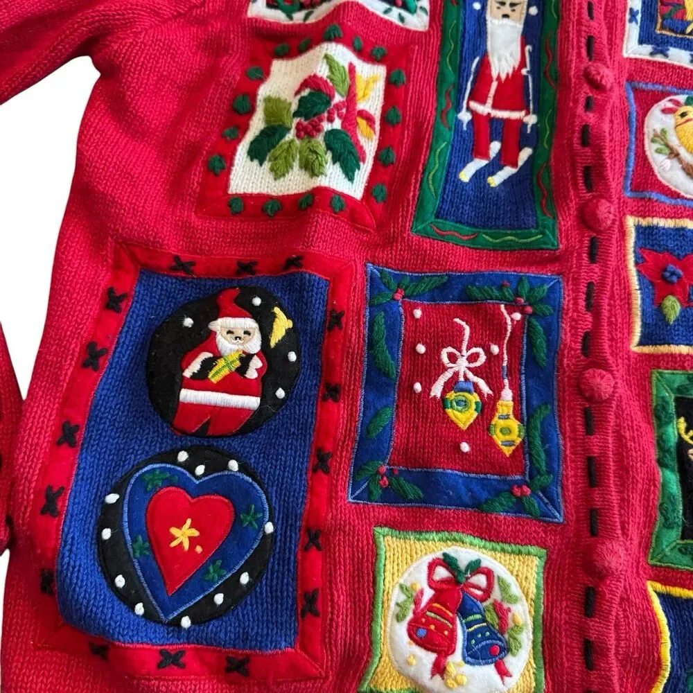 Segue Ho Ho Ho Christmas Sweater Cardigan Size L Red Womens  Button Santa Sleigh